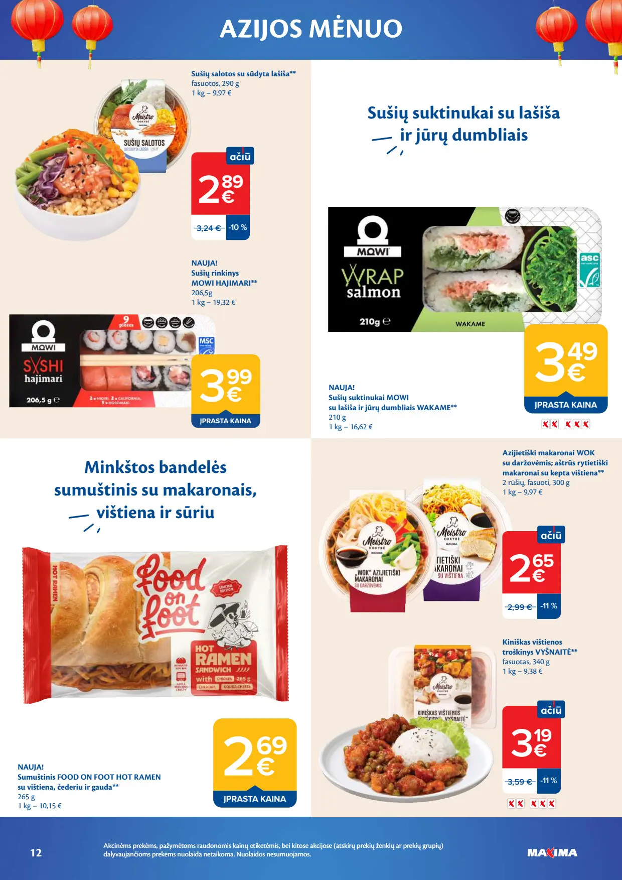 Maxima akcijų leidinys, galioja nuo spalio 6 d. iki lapkričio 2 d., 12 puslapis: Sušių rinkinys, suktinukai, sumuštinis Hot Ramen, azijietiški makaronai