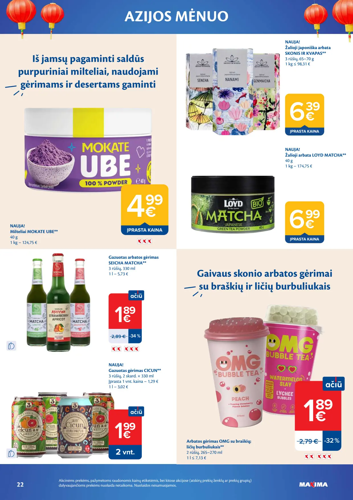 Maxima akcijų leidinys, galioja nuo spalio 6 d. iki lapkričio 2 d., 22 puslapis: Milteliai Ube, žalioji arbata, gazuoti arbatos gėrimai, arbatos gėrimas OMG