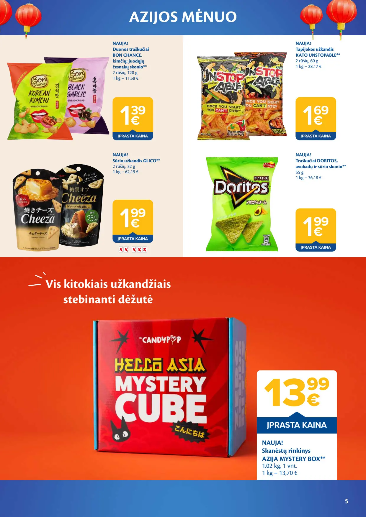 Maxima akcijų leidinys, galioja nuo spalio 6 d. iki lapkričio 2 d., 5 puslapis: Duonos traškučiai, tapijokos užkandis, Doritos traškučiai, skanėstų rinkinys