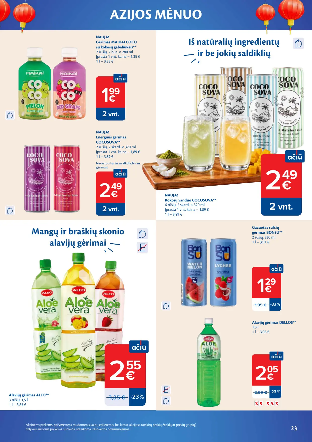 Maxima akcijų leidinys, galioja nuo spalio 6 d. iki lapkričio 2 d., 23 puslapis: Gėrimas Maikai Coco, kokosų vanduo, alavijų gėrimas Aleo, Dellos
