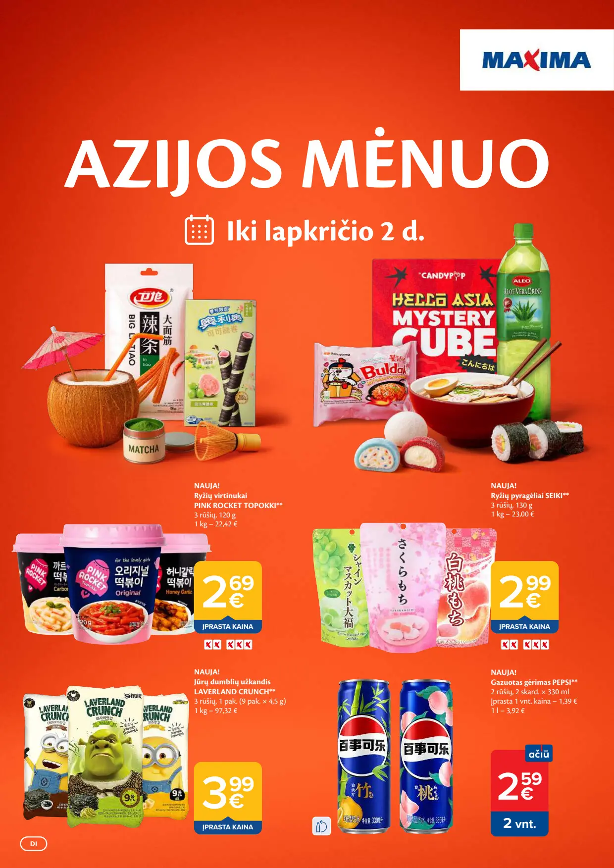 Maxima akcijų leidinys, galioja nuo spalio 6 d. iki lapkričio 2 d., 1 puslapis: Ryžių virtinukai, pyragėliai, gazuotas gėrimas Pepsi, jūrų dumblių užkandis