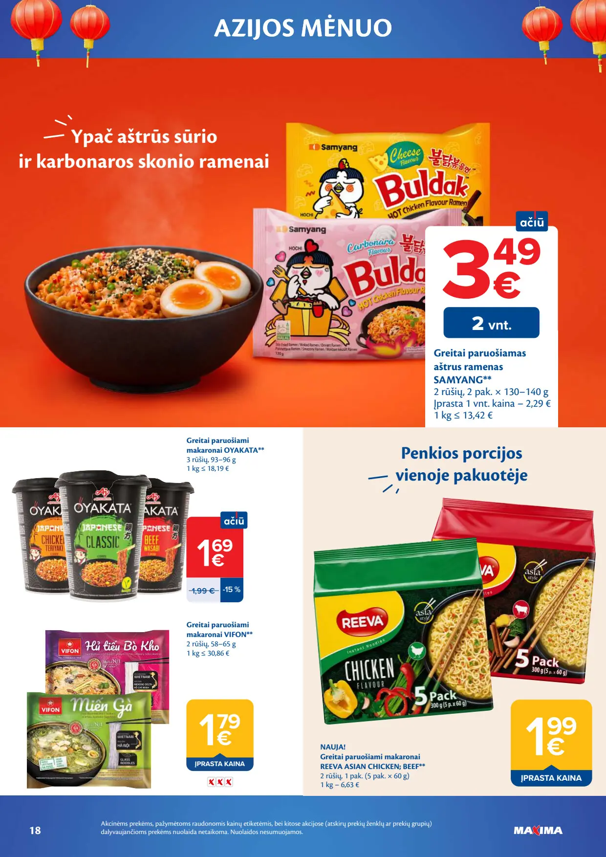 Maxima akcijų leidinys, galioja nuo spalio 6 d. iki lapkričio 2 d., 18 puslapis: Ramenai Samyung, Oyakata, makaronai Vifon, Reeva