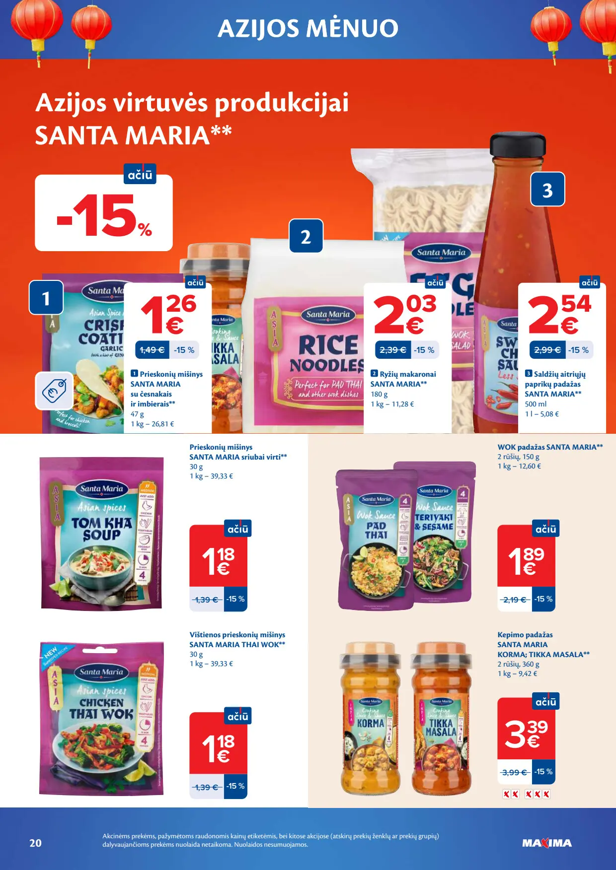 Maxima akcijų leidinys, galioja nuo spalio 6 d. iki lapkričio 2 d., 20 puslapis: Santa Maria produkcija, prieskonių mišiniai, ryžių makaronai, padažai