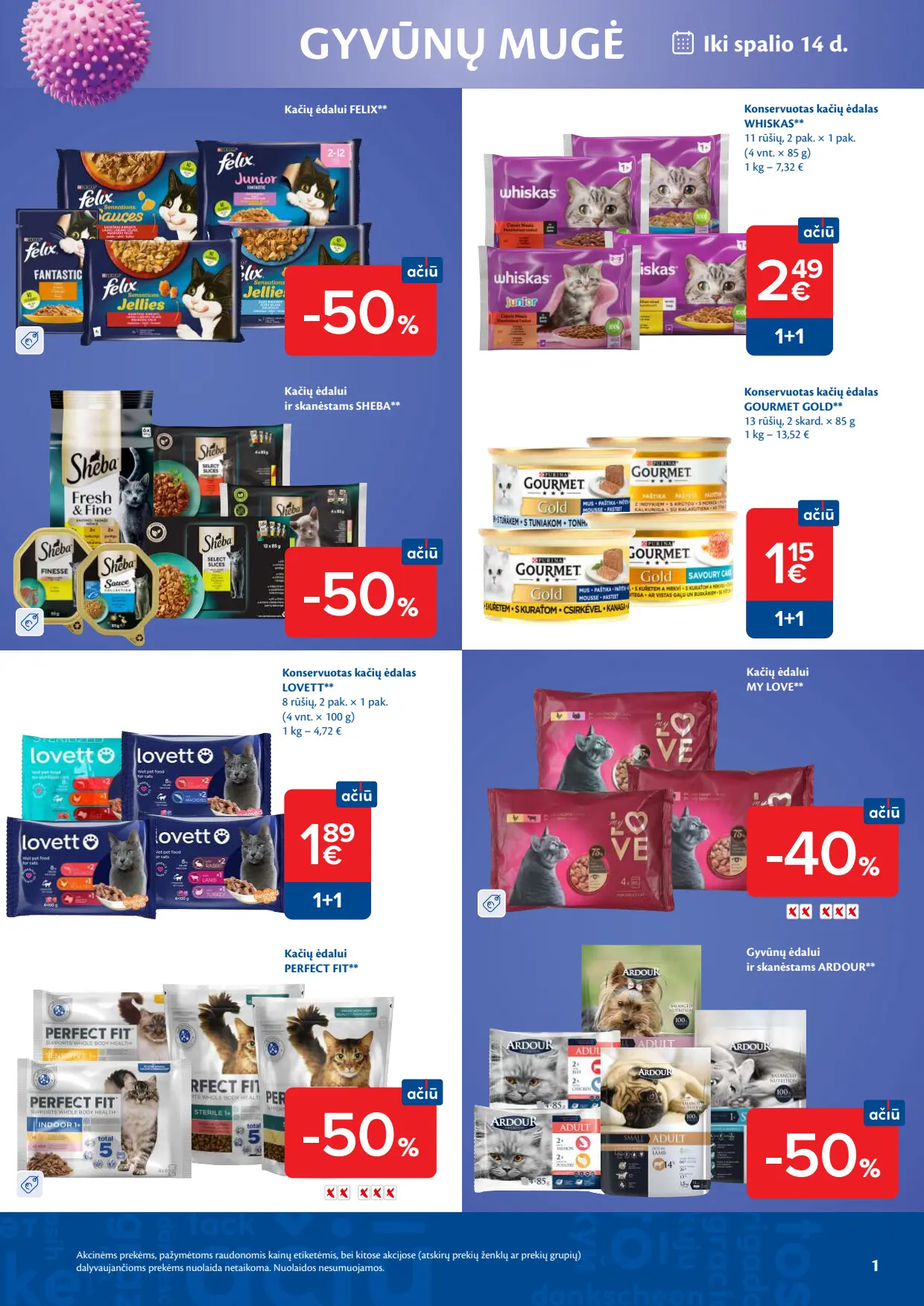 Maxima akcijų leidinys, galioja nuo spalio 6 d. iki lapkričio 2 d., 1 puslapis: Kačių ėdalas ir konservai, Felix, Whiskas, Gourmet Gold, Lovett, My Love, Sheba, Ardour