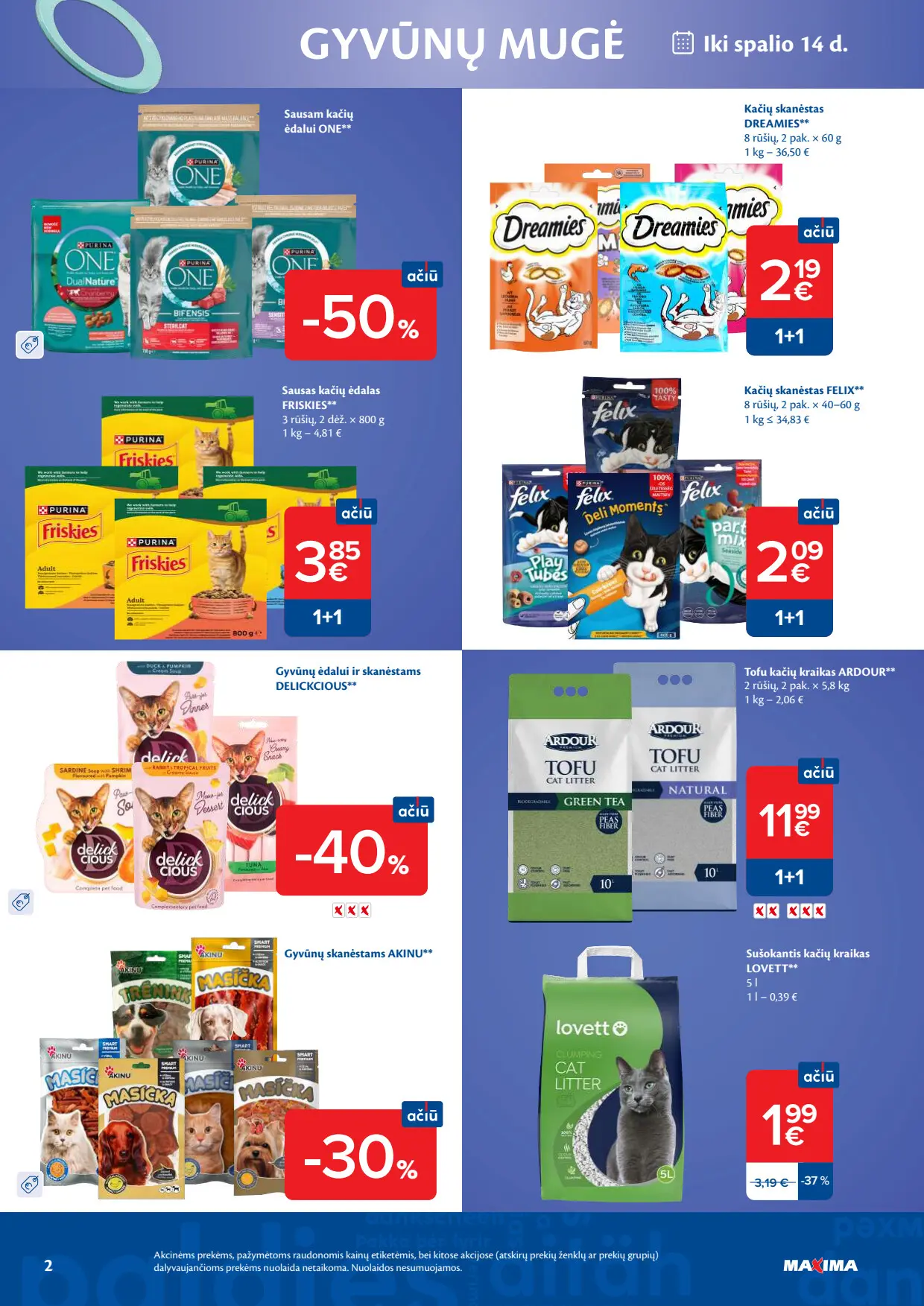 Maxima akcijų leidinys, galioja nuo spalio 6 d. iki lapkričio 2 d., 2 puslapis: Sausas kačių ėdalas One, Friskies, skanėstai Dreamies, Felix, kačių kraikas Tofu, Lovett