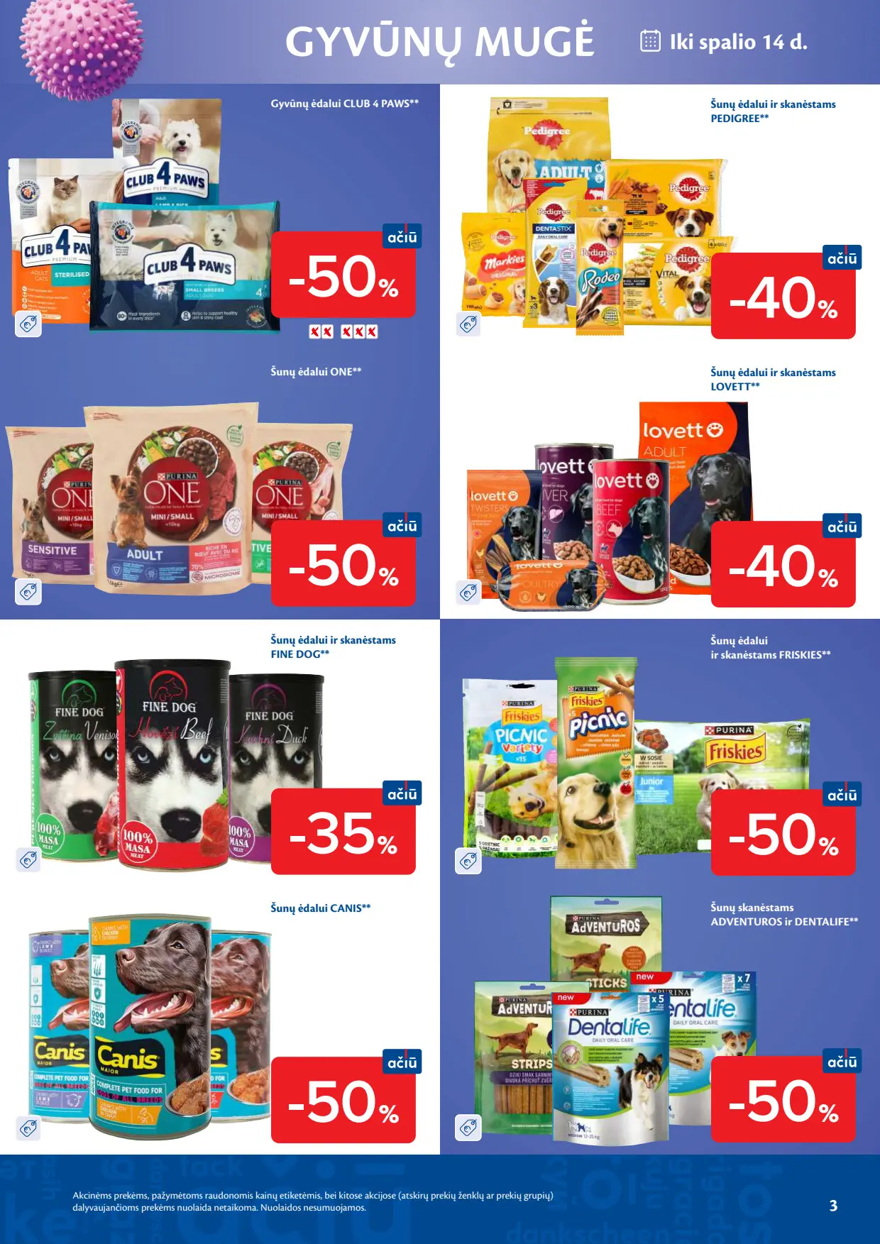 Maxima akcijų leidinys, galioja nuo spalio 6 d. iki lapkričio 2 d., 3 puslapis: Šunų ėdalas ir skanėstai Club 4 Paws, Pedigree, One, Lovett, Fine Dog, Friskies, Canis, Adventuros