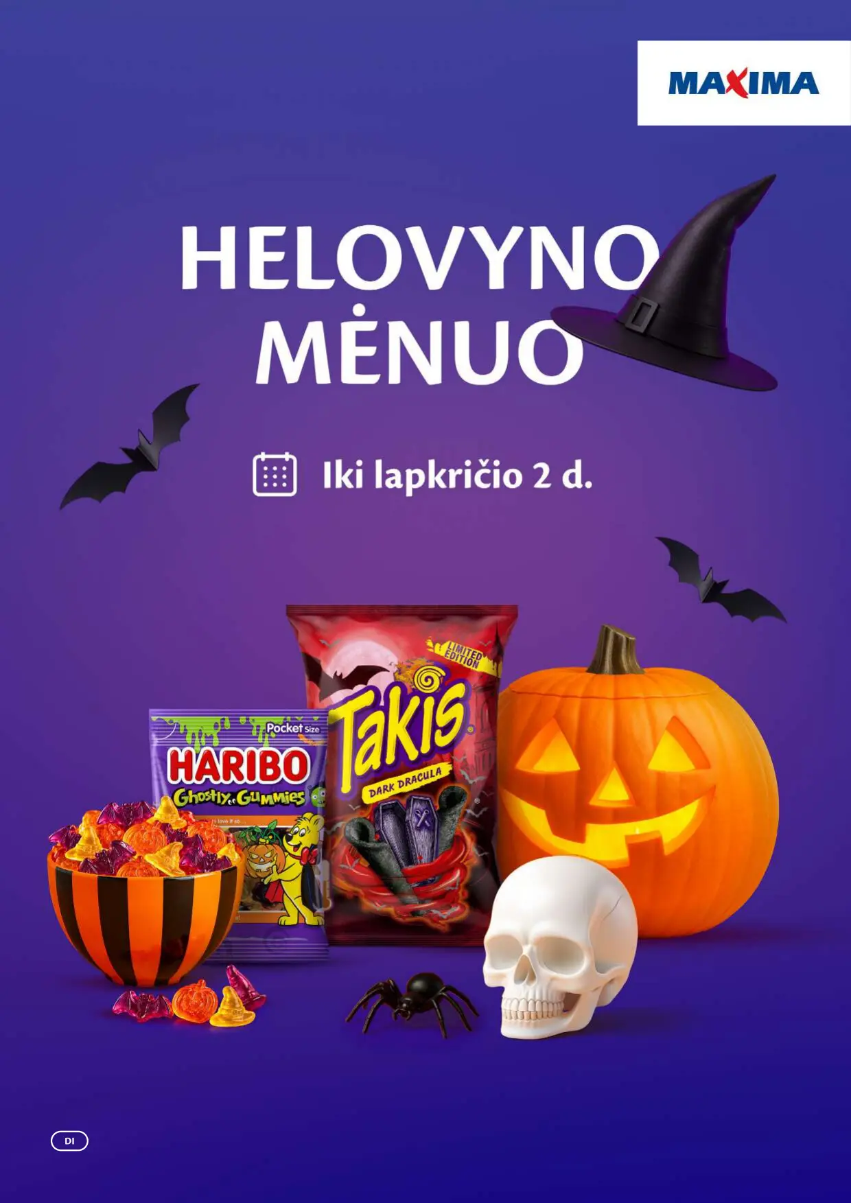 Maxima akcijų leidinys, galioja nuo spalio 6 d. iki lapkričio 2 d., 1 puslapis: Helovyno mėnuo viršelis, Haribo guminukai, Takis traškučiai, helovyno atributika