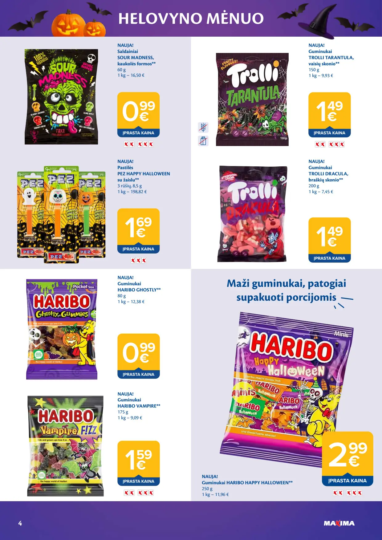 Maxima akcijų leidinys, galioja nuo spalio 6 d. iki lapkričio 2 d., 4 puslapis: Guminukai ir pastilės: Haribo Happy Halloween, Trolli Dracula, Sour Madness, Pez