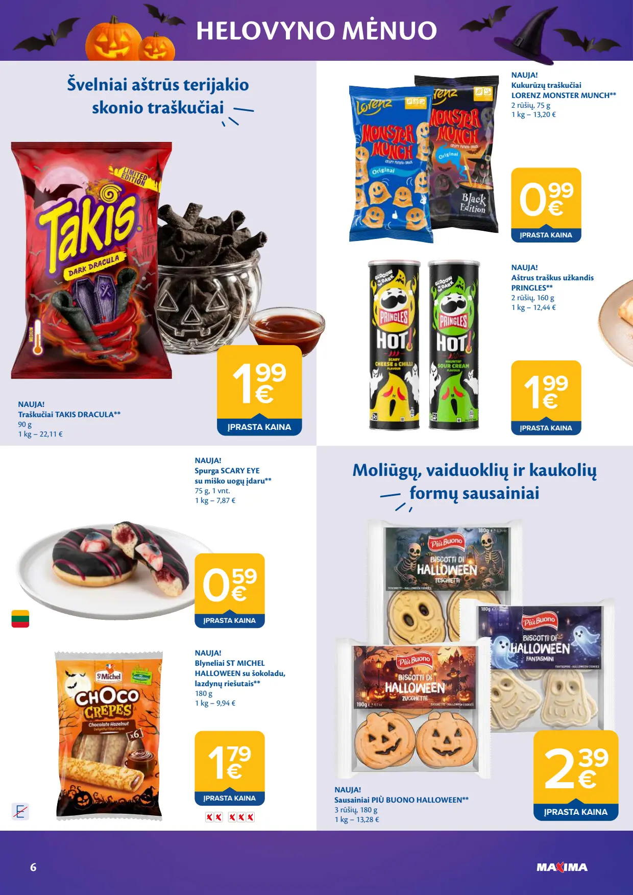 Maxima akcijų leidinys, galioja nuo spalio 6 d. iki lapkričio 2 d., 6 puslapis: Užkandžiai ir kepiniai: Takis Dracula, Pringles Hot, Lorenz Monster Munch, Più Buono