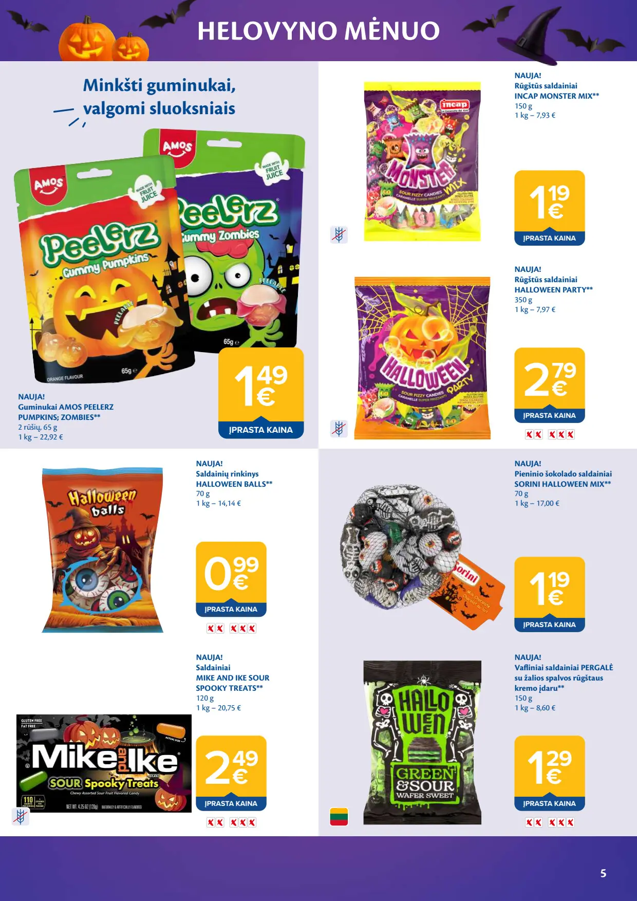 Maxima akcijų leidinys, galioja nuo spalio 6 d. iki lapkričio 2 d., 5 puslapis: Saldainiai: Amos Peelerz Pumpkins, Mike and Ike, Sorini, Pergalė vafliniai saldainiai