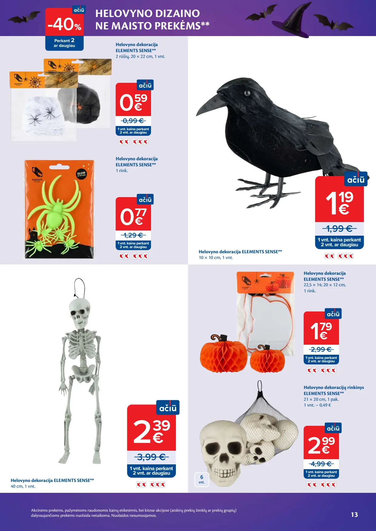 Maxima akcijų leidinys, galioja nuo spalio 6 d. iki lapkričio 2 d., 13 puslapis: Helovyno dekoracijos: varna, skeletas, voriukai, pakabinamos moliūgų dekoracijos