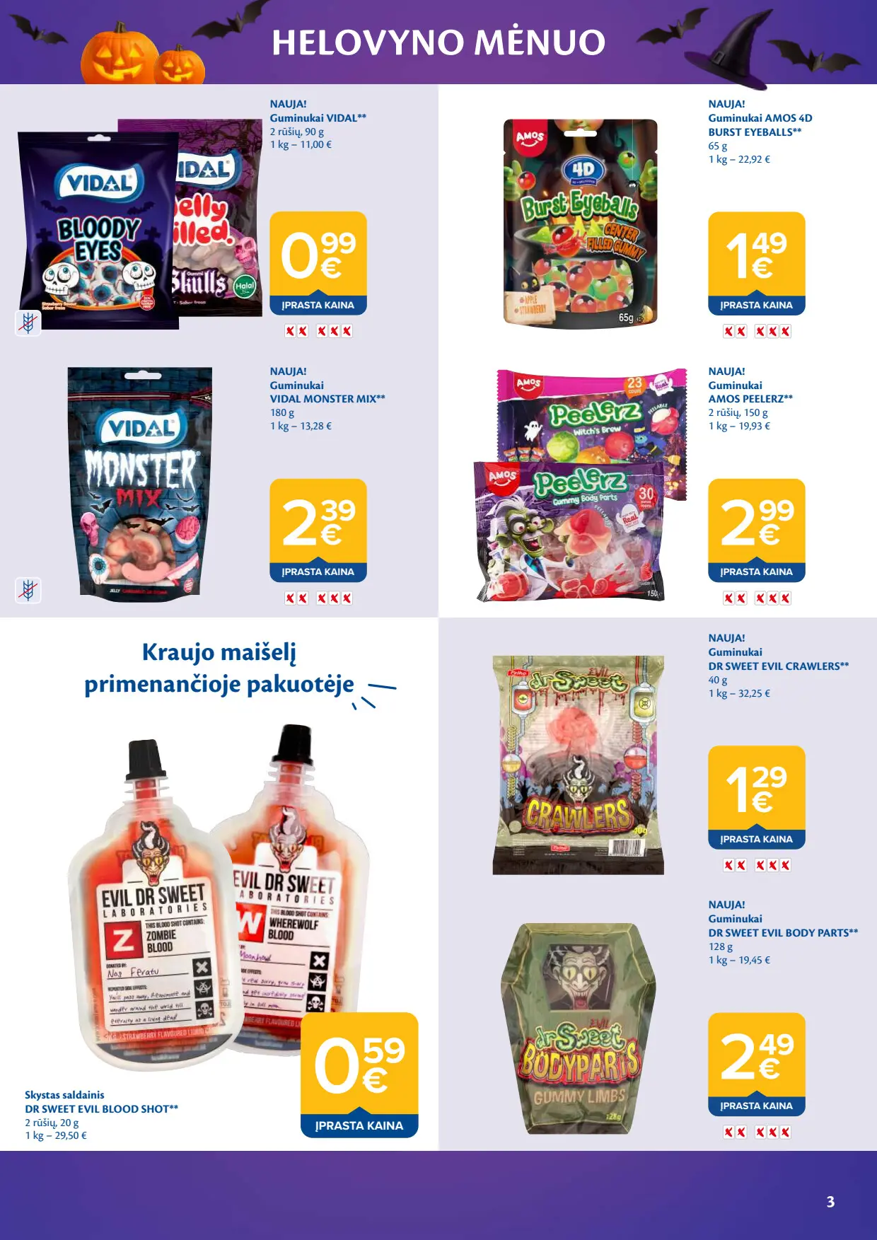 Maxima akcijų leidinys, galioja nuo spalio 6 d. iki lapkričio 2 d., 3 puslapis: Guminukai ir saldumynai: Vidal Monster Mix, Amos Peelerz, Dr Sweet Evil Blood Shot