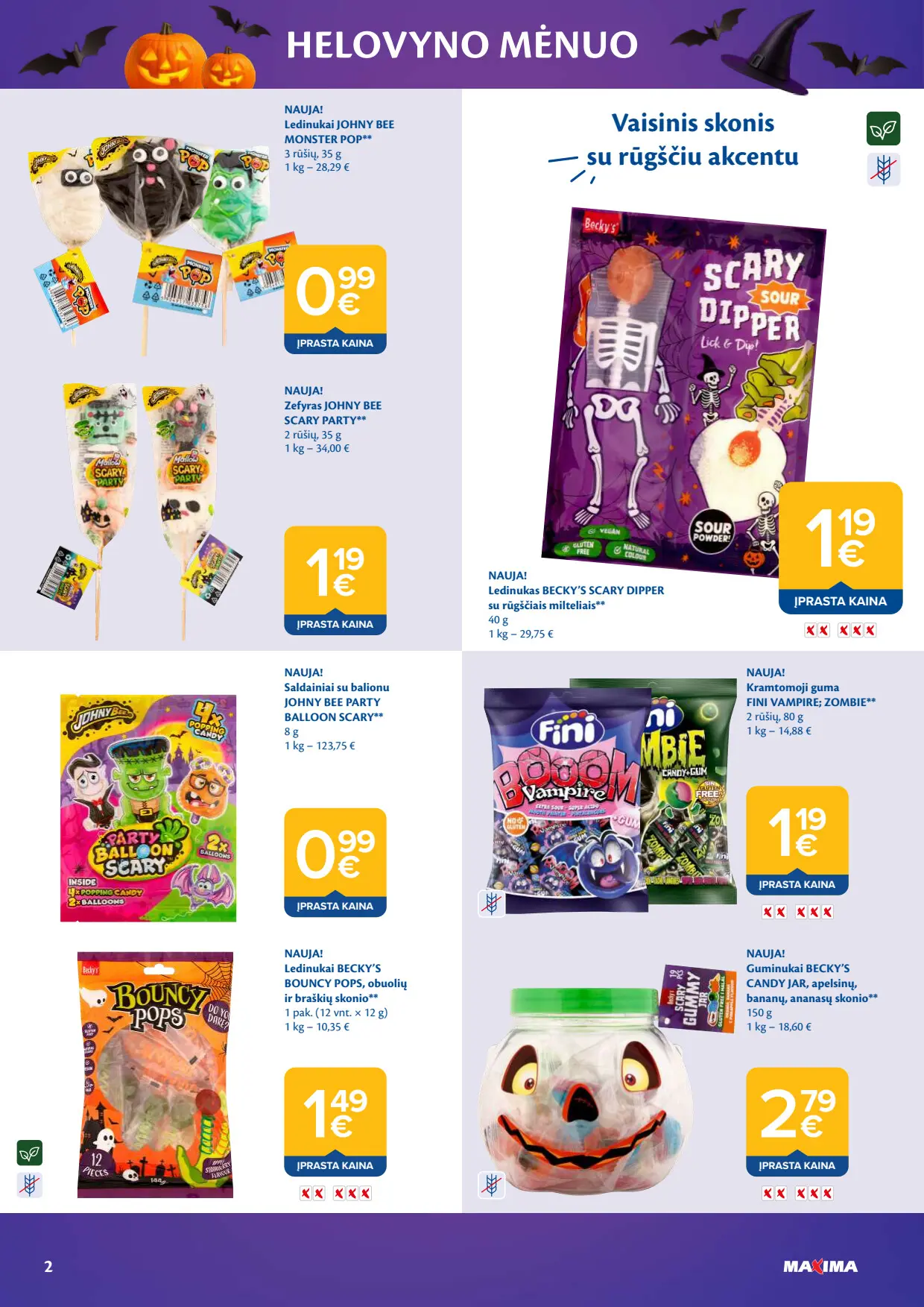 Maxima akcijų leidinys, galioja nuo spalio 6 d. iki lapkričio 2 d., 2 puslapis: Saldainiai ir ledinukai: Becky's Scary Dipper, Johny Bee Monster Pop, Fini guma