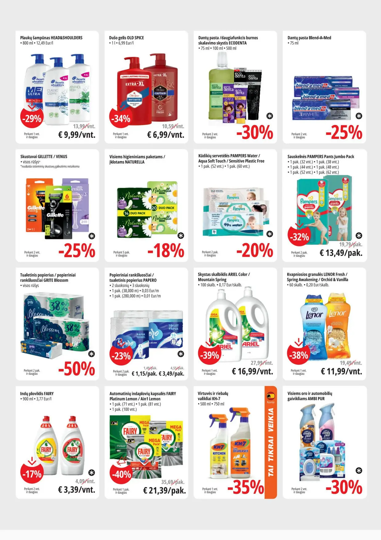 Promo akcijų leidinys, galioja nuo spalio 7 d. iki spalio 20 d., 11 puslapis: Higiena ir buitis: šampūnai, dantų pasta, Pampers, Fairy, Lenor, valikliai