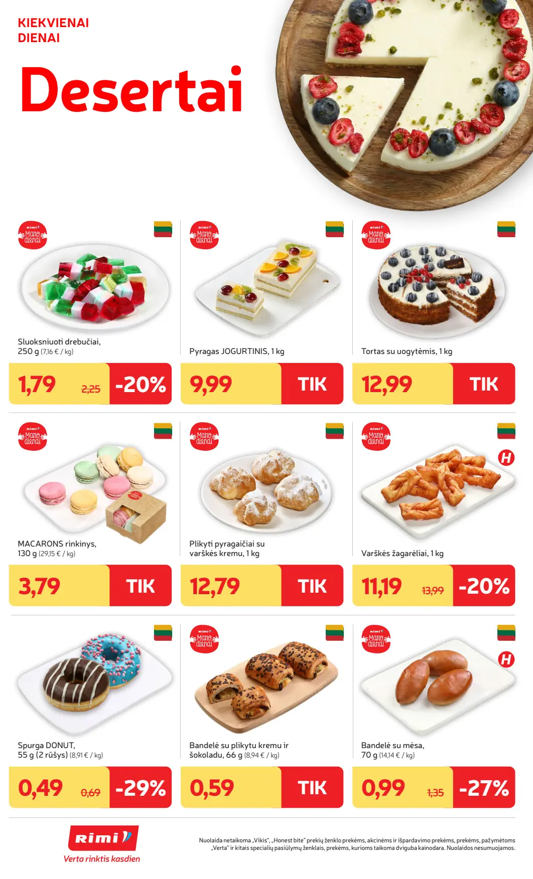 Rimi akcijų leidinys, galioja nuo spalio 6 d. iki spalio 12 d., 6 puslapis: Konditerija ir desertai: jogurtinis pyragas, tortas su uogomis, macarons, spurgos