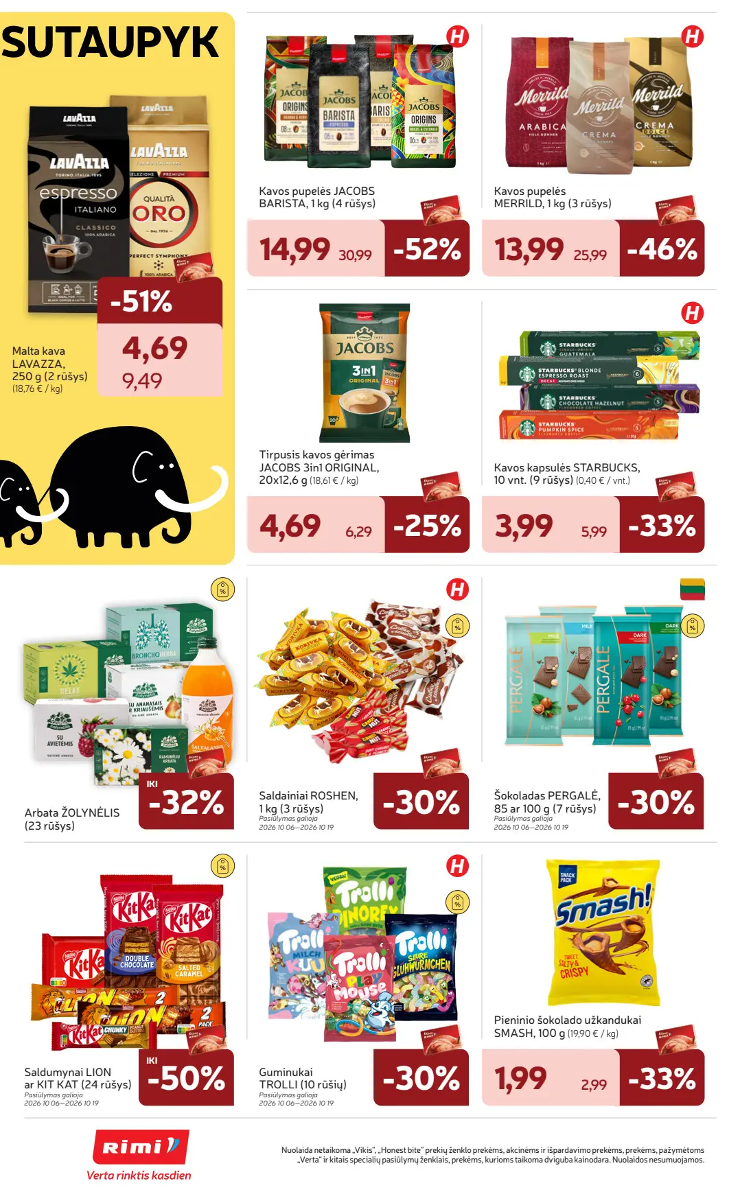 Rimi akcijų leidinys, galioja nuo spalio 6 d. iki spalio 12 d., 20 puslapis: Kava ir saldumynai: Jacobs Barista, Lavazza, Roshen, Lion, Kit Kat, Trolli