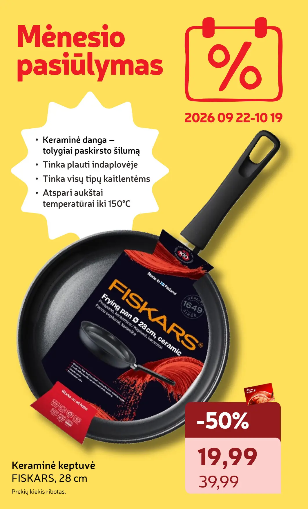 Rimi akcijų leidinys, galioja nuo spalio 6 d. iki spalio 12 d., 34 puslapis: Mėnesio pasiūlymas: Fiskars keraminė keptuvė 28 cm su 50% nuolaida