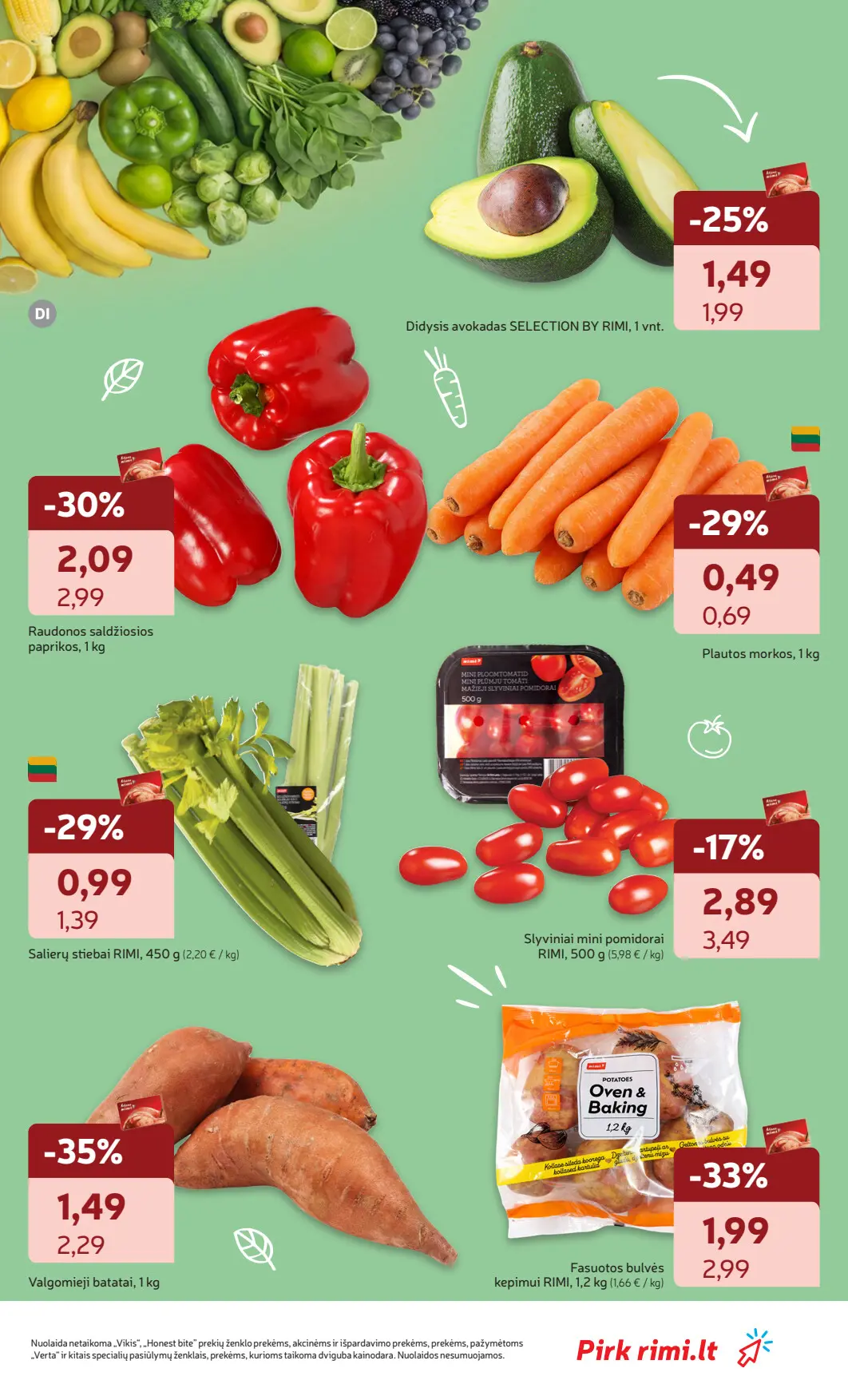 Rimi akcijų leidinys, galioja nuo spalio 6 d. iki spalio 12 d., 11 puslapis: Daržovės: paprikos, morkos, salierų stiebai, batatai, Rimi mini pomidorai