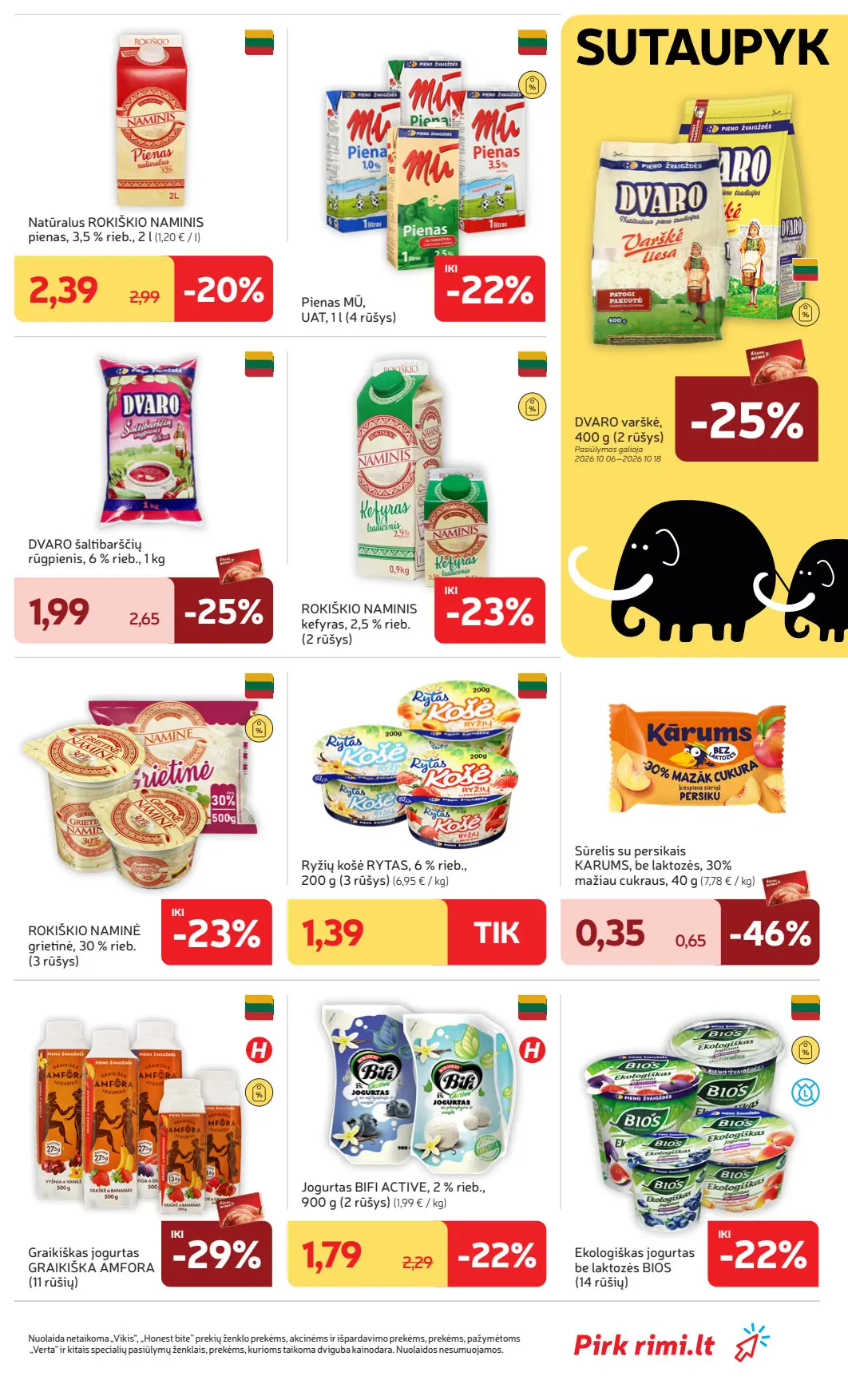 Rimi akcijų leidinys, galioja nuo spalio 6 d. iki spalio 12 d., 19 puslapis: Pieno produktai: Rokiškio pienas ir kefyras, Dvaro rūgpienis, Karums sūrelis