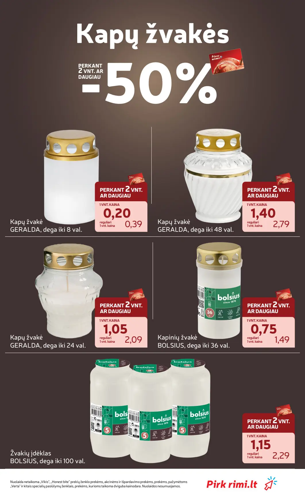 Rimi akcijų leidinys, galioja nuo spalio 6 d. iki spalio 12 d., 15 puslapis: Kapų žvakės: Geralda ir Bolsius kapų žvakės bei įdėklai su 50% nuolaida