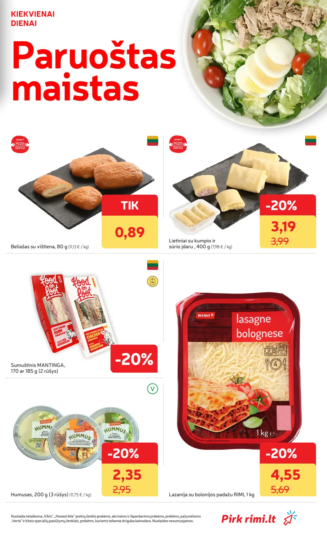 Rimi akcijų leidinys, galioja nuo spalio 6 d. iki spalio 12 d., 7 puslapis: Paruoštas maistas: Mantinga sumuštiniai, lazanija Rimi, lietiniai blynai, humusas