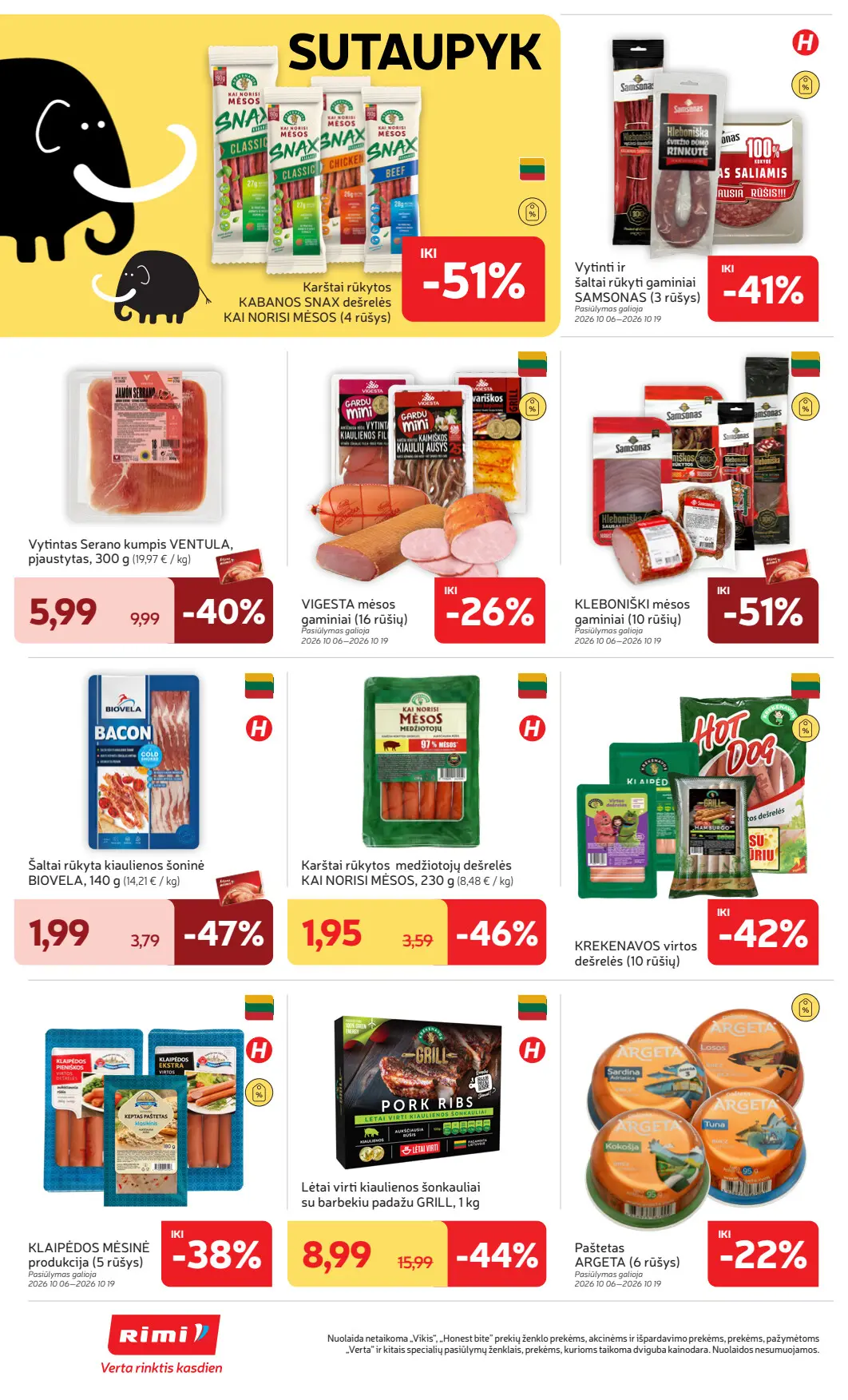 Rimi akcijų leidinys, galioja nuo spalio 6 d. iki spalio 12 d., 16 puslapis: Mėsos gaminiai: Snax dešrelės, Biovela šoninė, Ventula kumpis, Grill šonkauliai