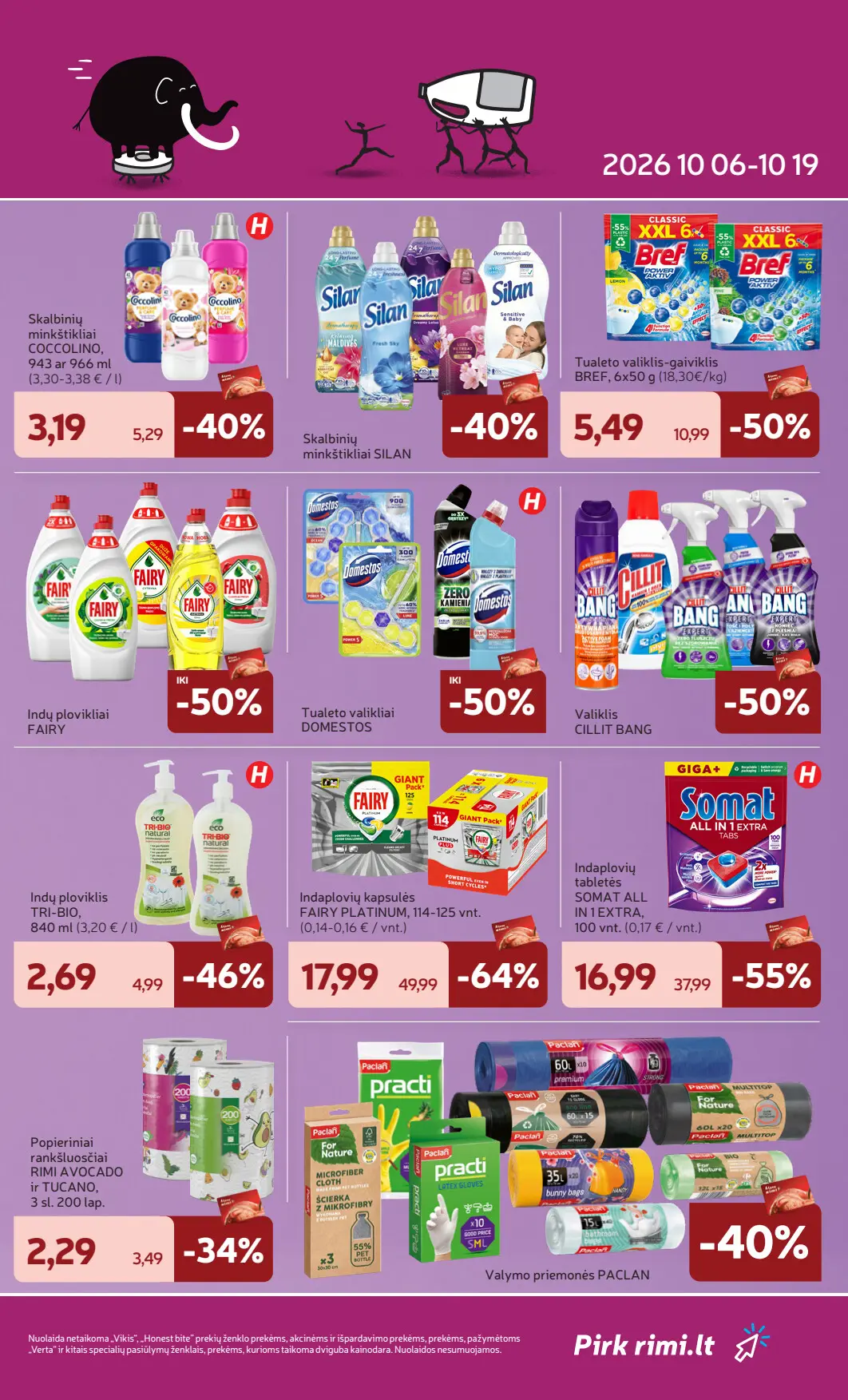 Rimi akcijų leidinys, galioja nuo spalio 6 d. iki spalio 12 d., 29 puslapis: Švaradieniai: Coccolino, Fairy indaplovių kapsulės, Somat, Cillit Bang