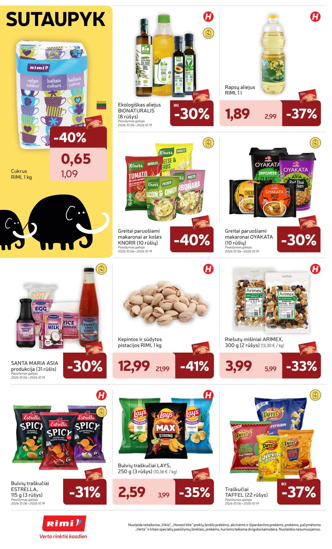 Rimi akcijų leidinys, galioja nuo spalio 6 d. iki spalio 12 d., 24 puslapis: Bakalėja ir traškučiai: Rimi cukrus, Knorr makaronai, pistacijos, Lays traškučiai