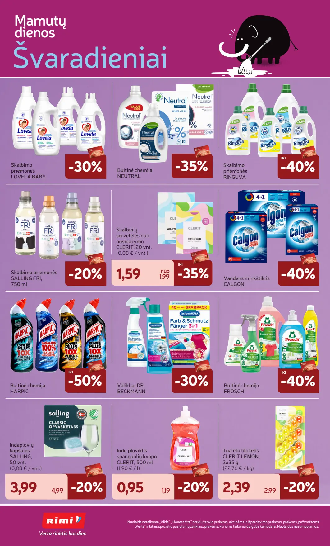 Rimi akcijų leidinys, galioja nuo spalio 6 d. iki spalio 12 d., 30 puslapis: Buitinė chemija: Calgon, Lovela Baby, Harpic, Frosch, Clerit blokeliai