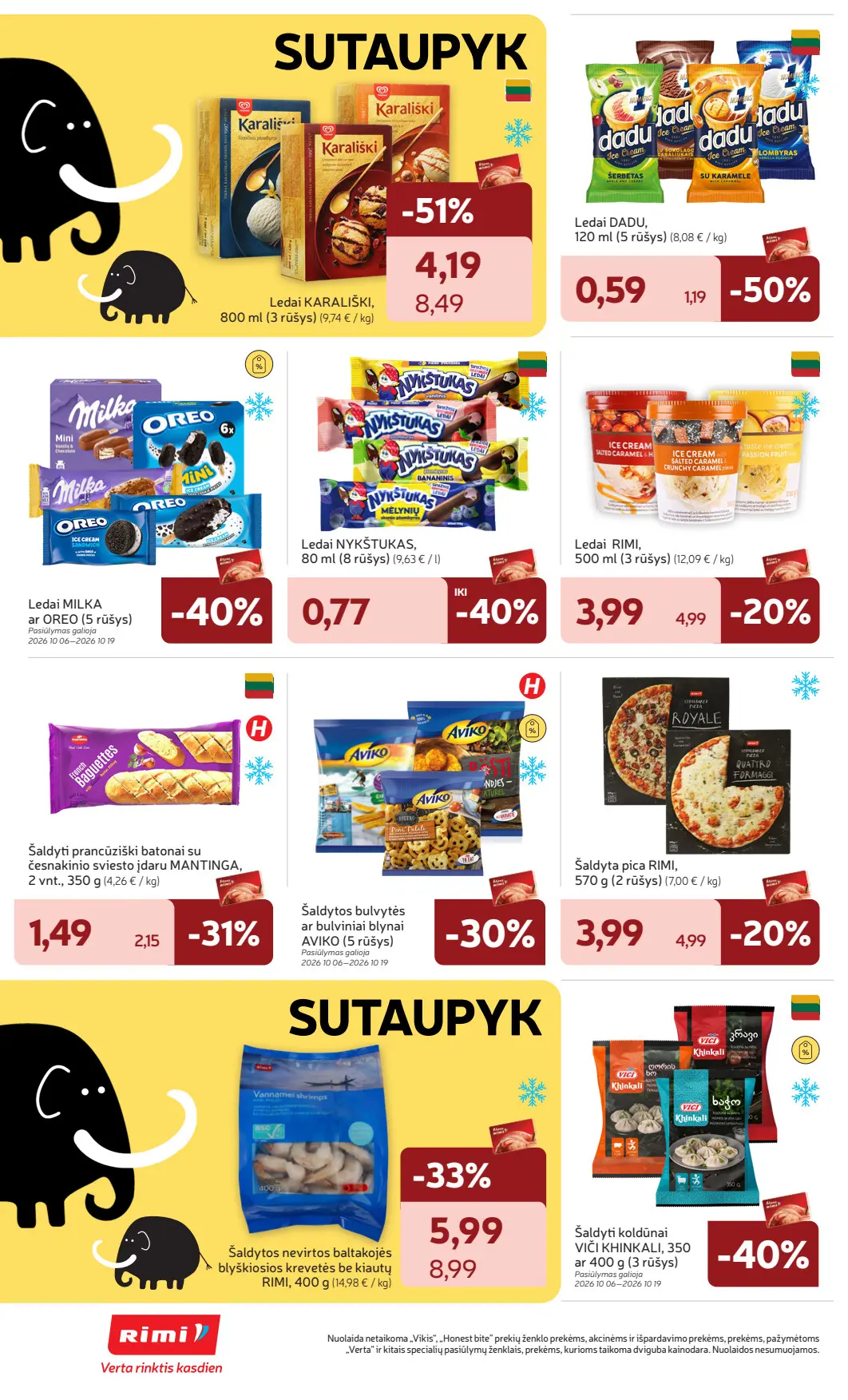 Rimi akcijų leidinys, galioja nuo spalio 6 d. iki spalio 12 d., 18 puslapis: Šaldyti produktai: Karališki ir Dadu ledai, krevetės, Viči khinkali