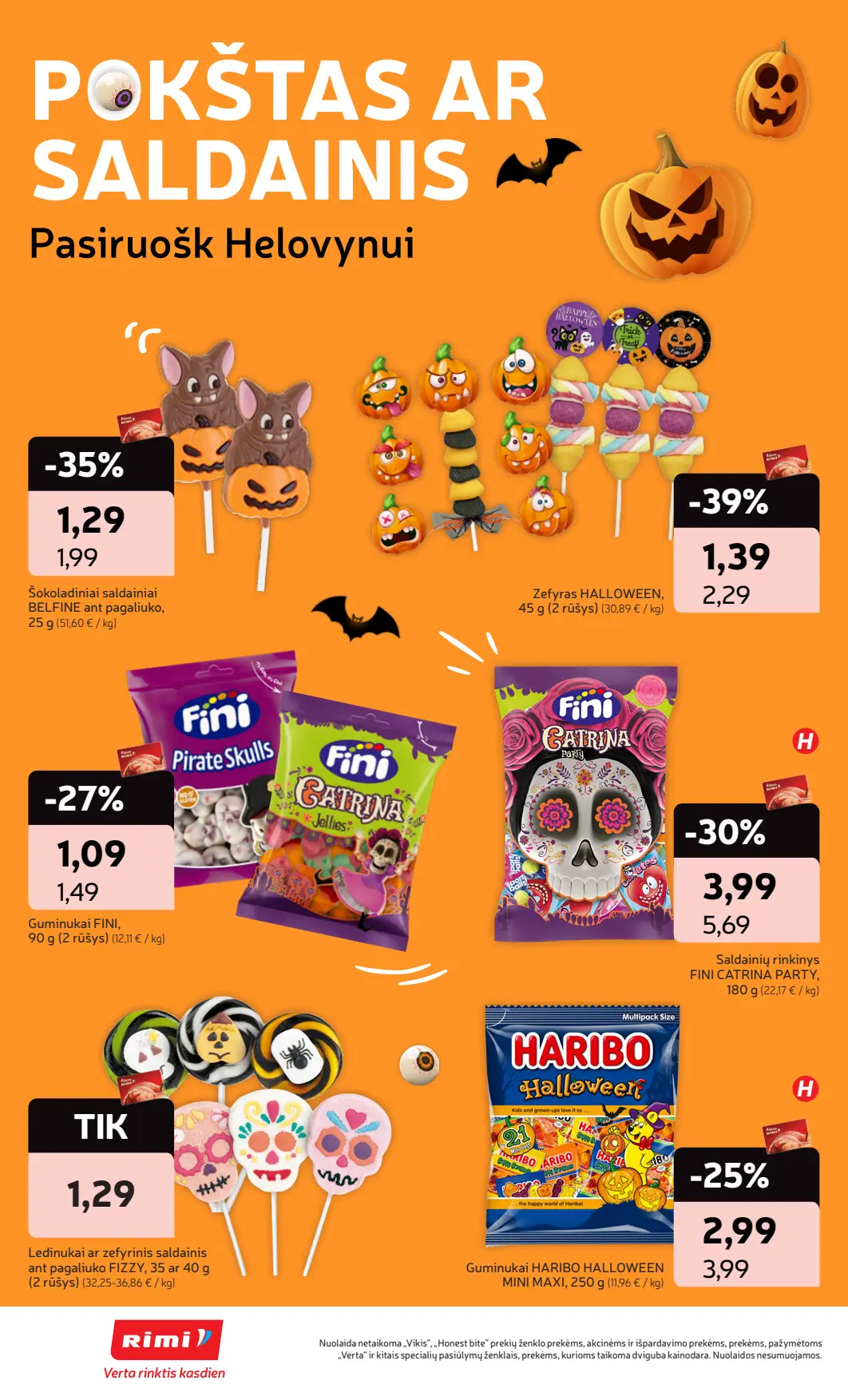 Rimi akcijų leidinys, galioja nuo spalio 6 d. iki spalio 12 d., 22 puslapis: Helovyno saldumynai: Belfine šokoladas, Fini guminukai, Haribo Halloween