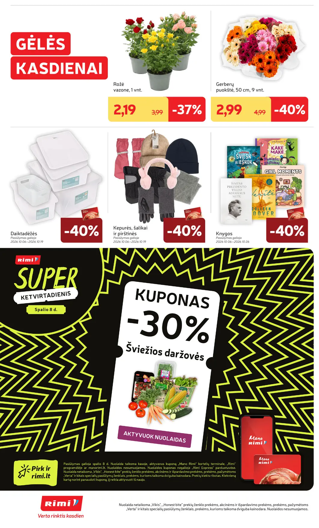 Rimi akcijų leidinys, galioja nuo spalio 6 d. iki spalio 12 d., 32 puslapis: Gėlės ir ne maisto prekės: vazoninės rožės, gerberos, aprangos aksesuarai, knygos