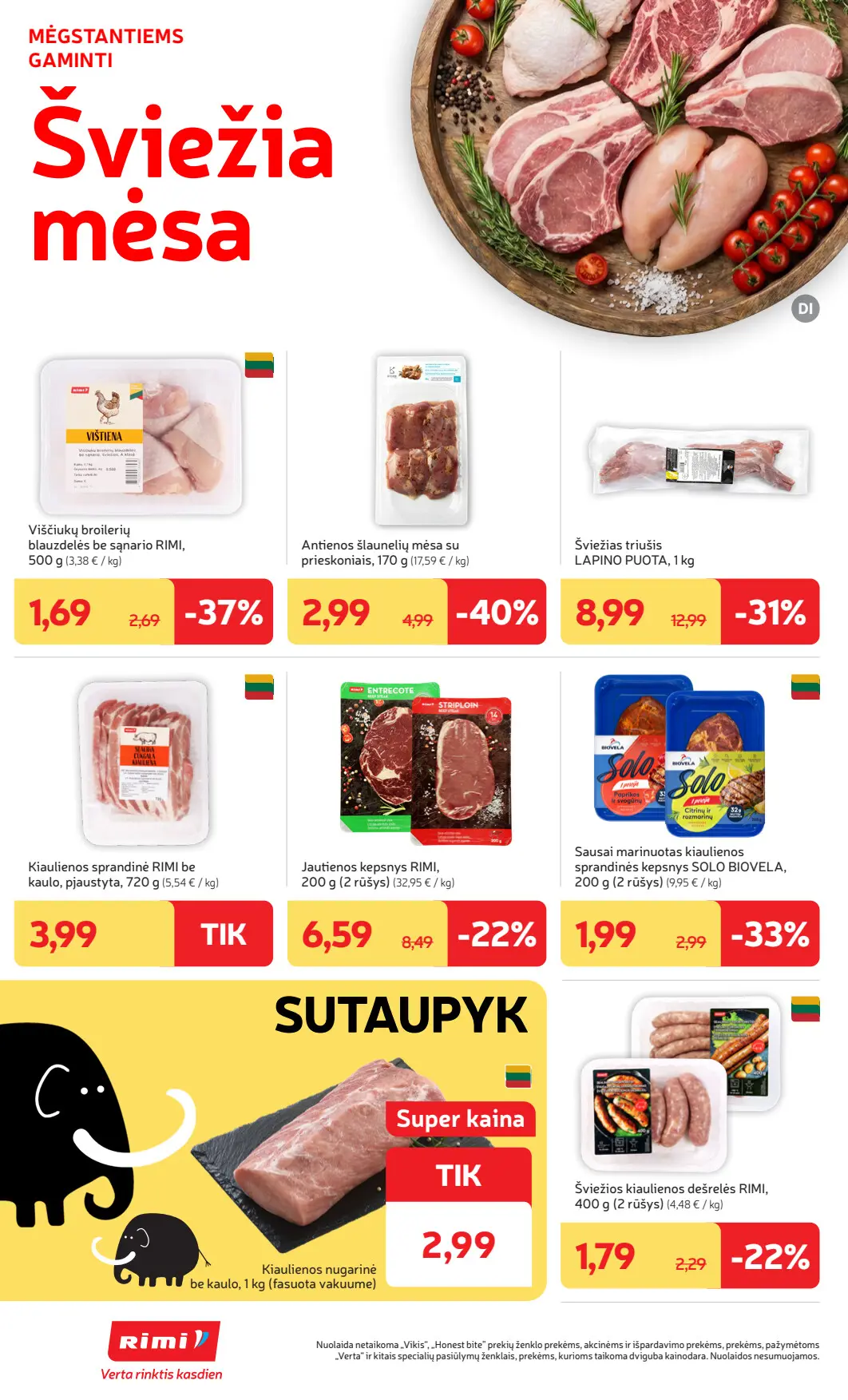 Rimi akcijų leidinys, galioja nuo spalio 6 d. iki spalio 12 d., 4 puslapis: Šviežia mėsa: kiaulienos nugarinė, viščiukų blauzdelės, triušiena Lapino puota