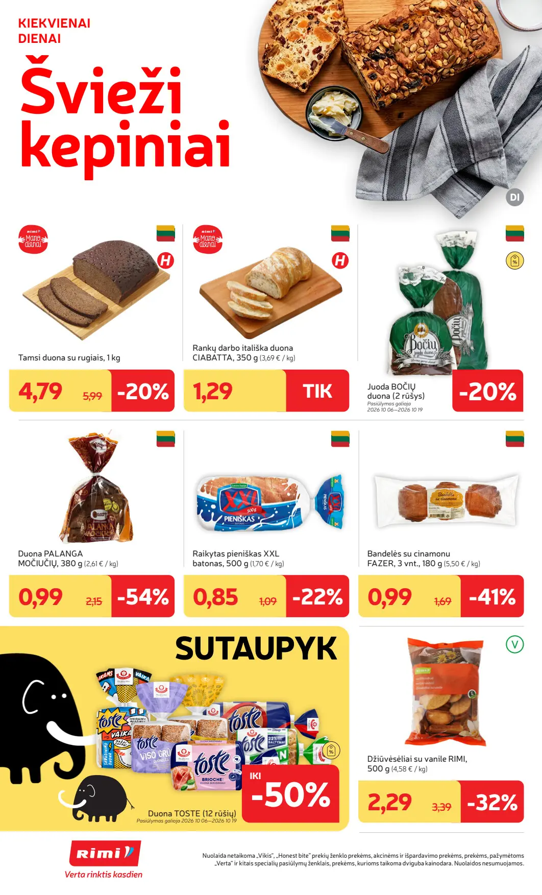 Rimi akcijų leidinys, galioja nuo spalio 6 d. iki spalio 12 d., 8 puslapis: Duona ir kepiniai: Toste duona, Bočių duona, ciabatta, cinamoninės bandelės