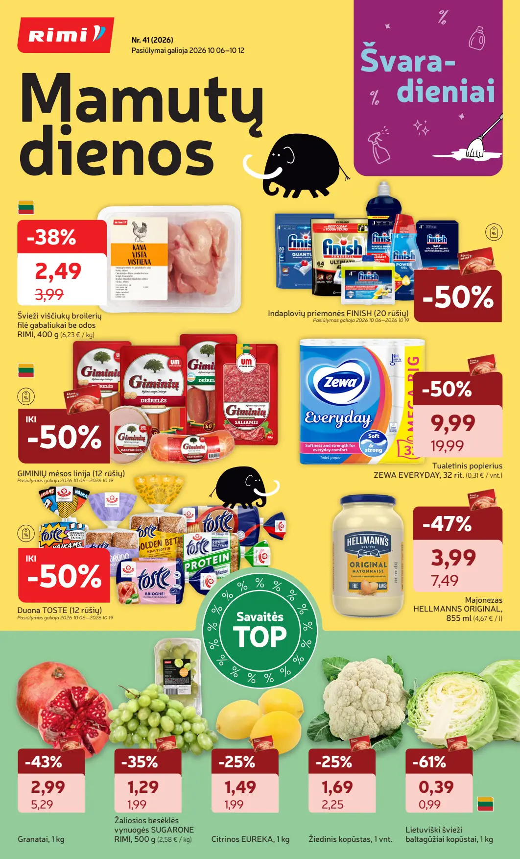 Rimi akcijų leidinys, galioja nuo spalio 6 d. iki spalio 12 d., 1 puslapis: Mamutų dienos, TOP pasiūlymai: vištienos filė, Finish, Zewa, Hellmanns, kopūstai