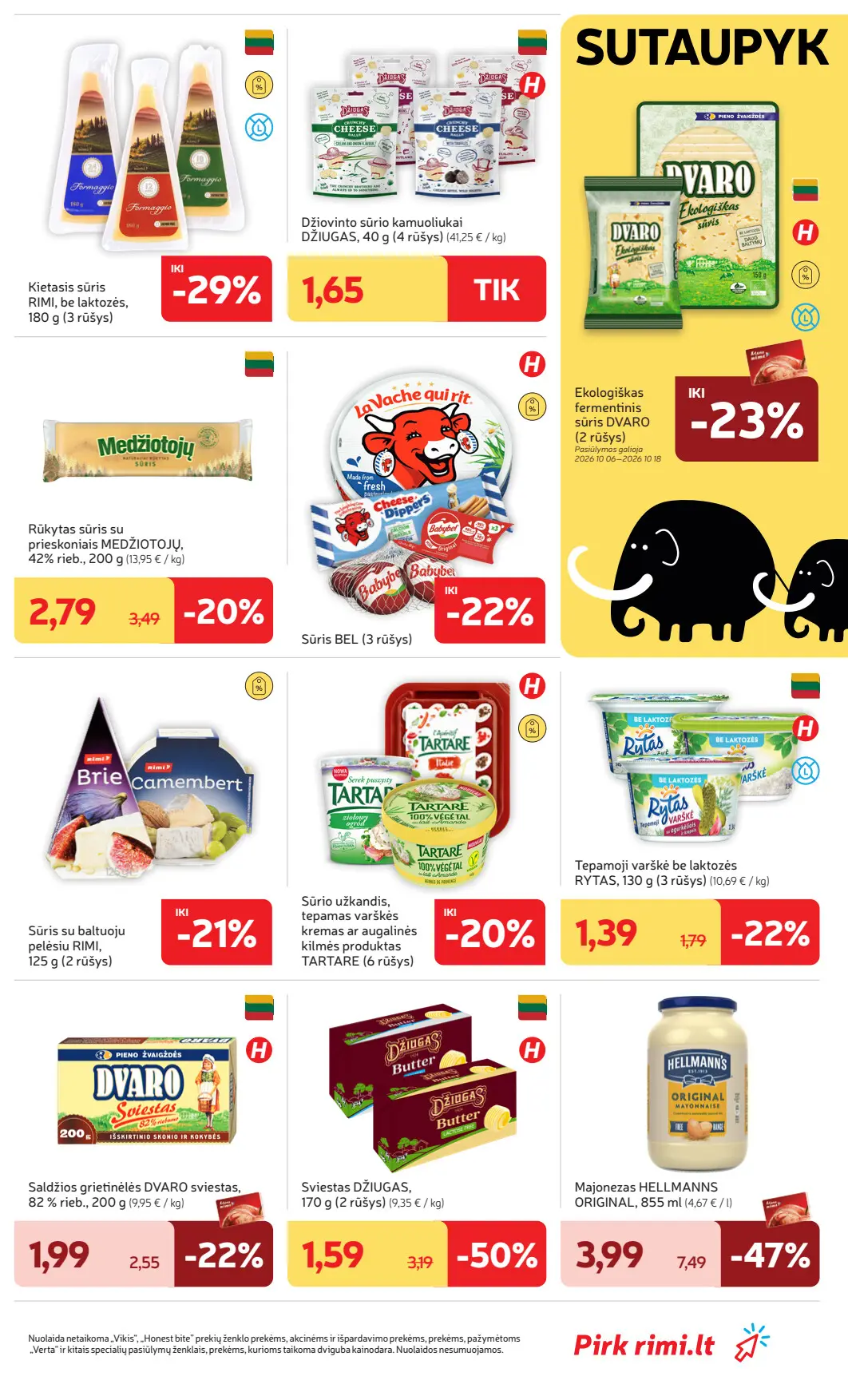 Rimi akcijų leidinys, galioja nuo spalio 6 d. iki spalio 12 d., 17 puslapis: Pieno produktai ir sūriai: Džiugas sūris ir sviestas, Dvaro sviestas, Hellmanns majonezas