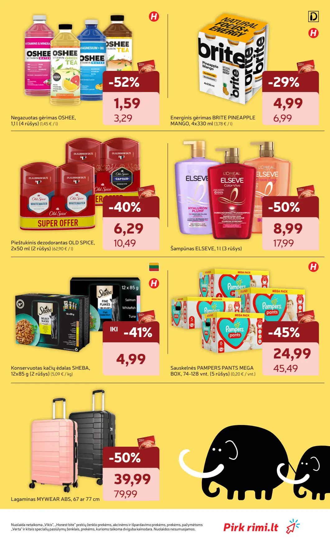 Rimi akcijų leidinys, galioja nuo spalio 6 d. iki spalio 12 d., 3 puslapis: Gėrimai, kosmetika, lagaminai: Elseve šampūnas, Pampers sauskelnės, Mywear lagaminas