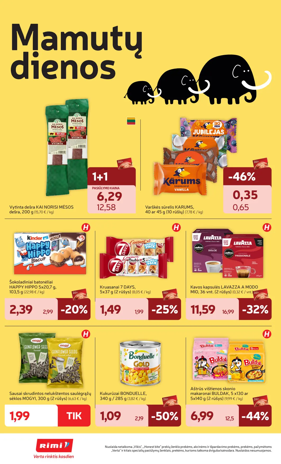 Rimi akcijų leidinys, galioja nuo spalio 6 d. iki spalio 12 d., 2 puslapis: Mamutų dienos: dešra Kai norisi mėsos 1+1, Karums sūreliai, Buldak makaronai