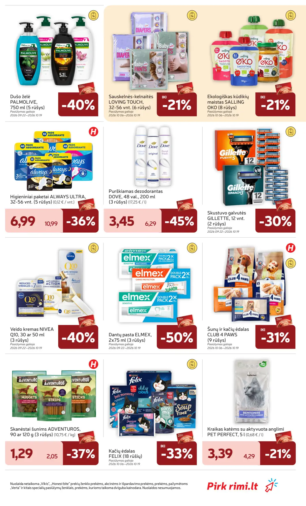 Rimi akcijų leidinys, galioja nuo spalio 6 d. iki spalio 12 d., 27 puslapis: Higiena ir gyvūnų prekės: Always paketai, Dove, Elmex dantų pasta, Felix ėdalas
