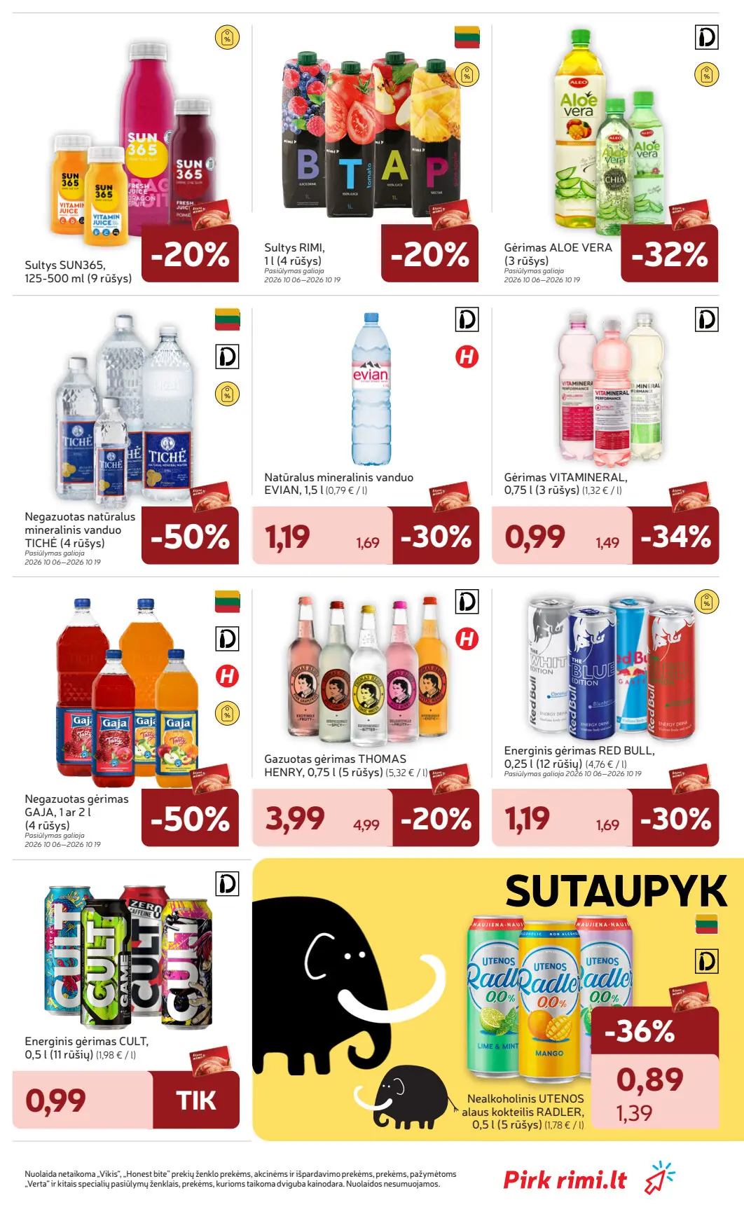 Rimi akcijų leidinys, galioja nuo spalio 6 d. iki spalio 12 d., 25 puslapis: Gėrimai: Tichė vanduo, Evian, Red Bull, Cult, nealkoholinis Radler