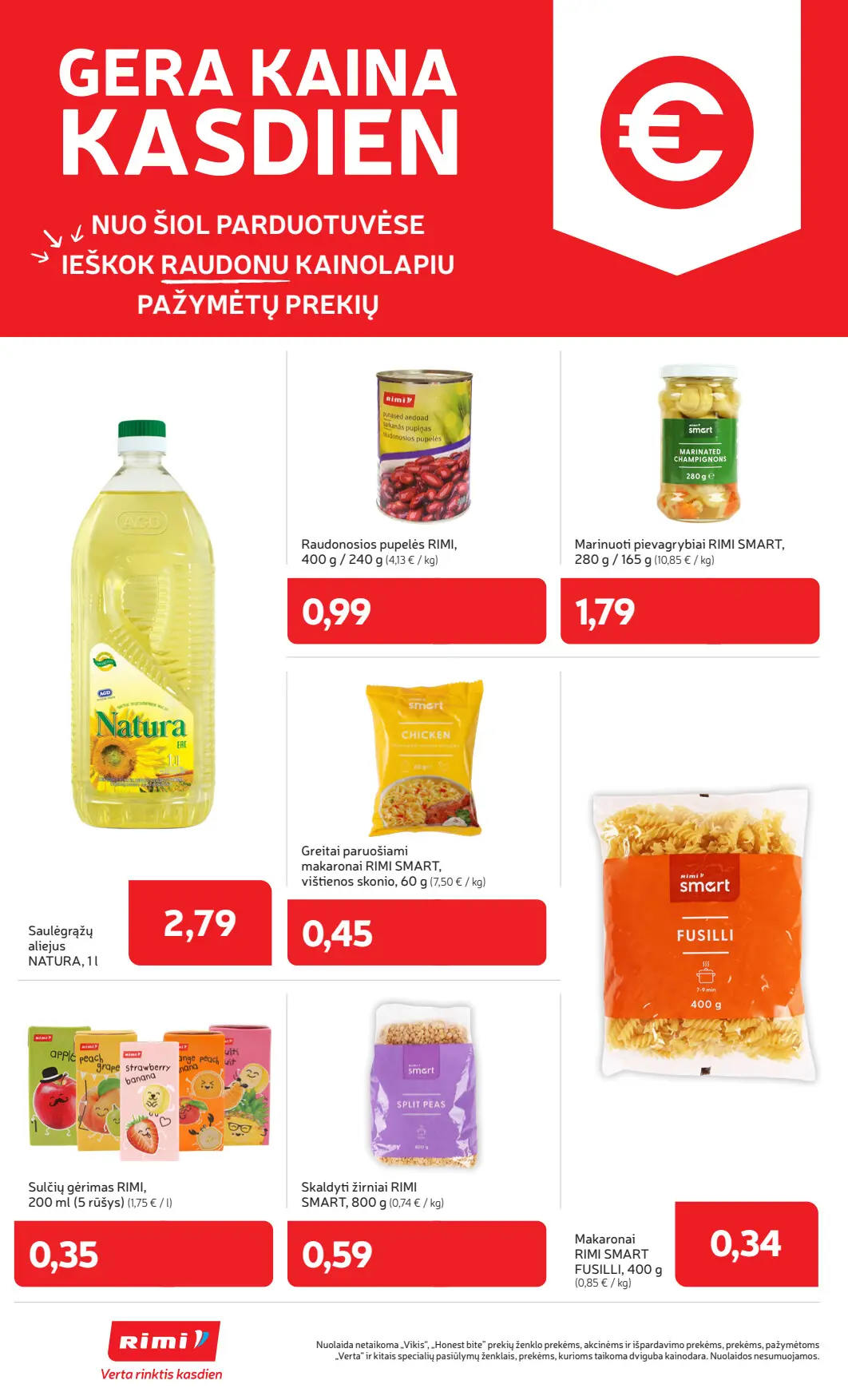 Rimi akcijų leidinys, galioja nuo spalio 6 d. iki spalio 12 d., 14 puslapis: Gera kaina kasdien: Natura saulėgrąžų aliejus, pupelės, Smart makaronai
