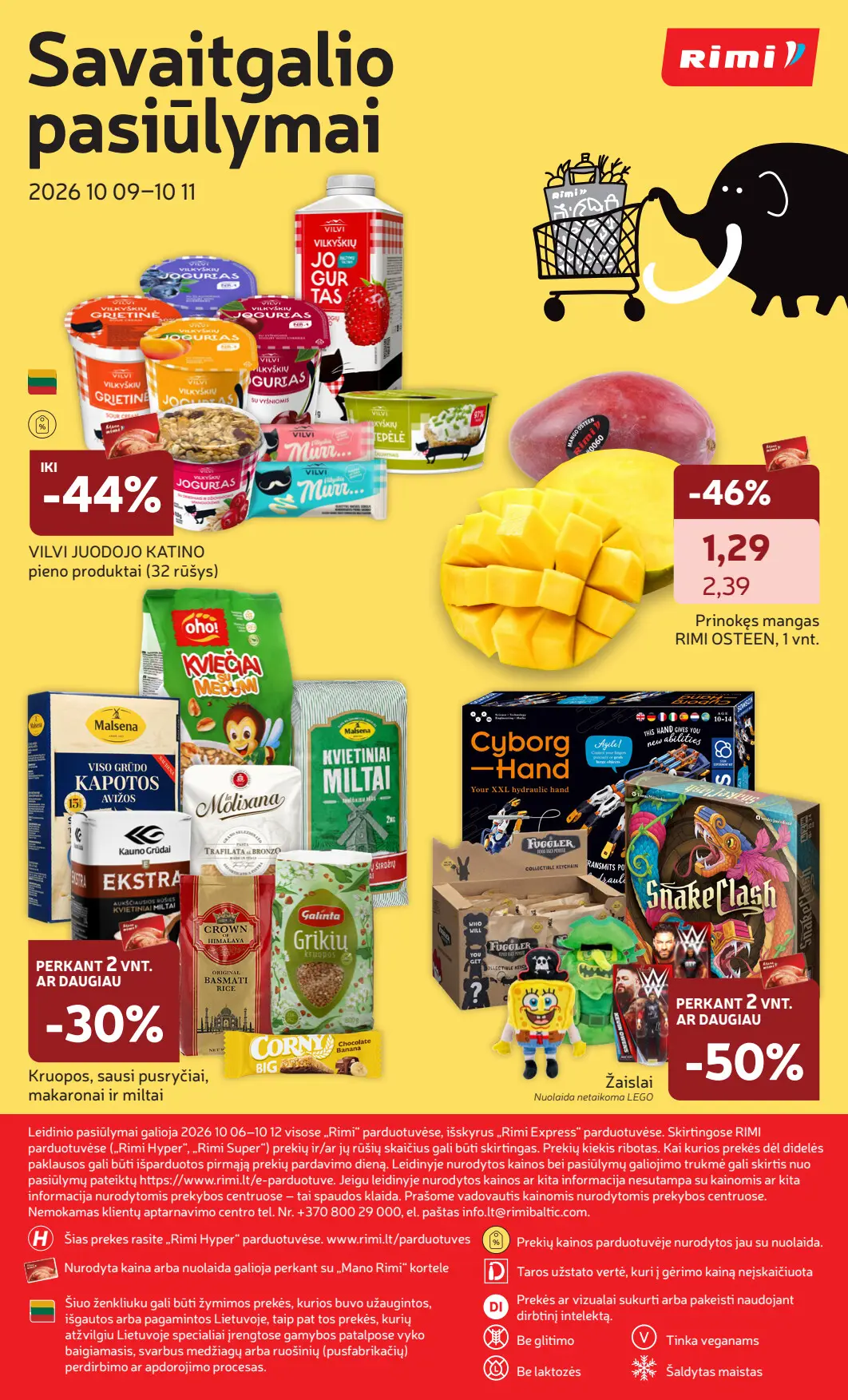 Rimi akcijų leidinys, galioja nuo spalio 6 d. iki spalio 12 d., 35 puslapis: Savaitgalio pasiūlymai: Vilvi sūreliai ir pieno produktai, Osteen mangas, žaislai