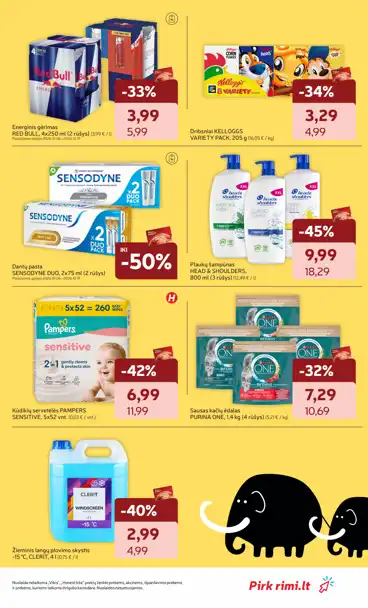 Rimi akcijų leidinys „Mamutų dienos“, galioja nuo spalio 13 d. iki spalio 19 d., 3 puslapis: RED BULL, KELLOGGS dribsniai, SENSODYNE dantų pasta, HEAD & SHOULDERS šampūnas, PAMPERS, PURINA