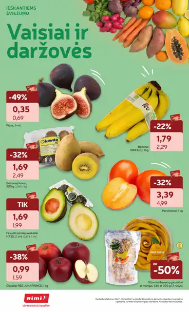 Rimi akcijų leidinys „Mamutų dienos“, galioja nuo spalio 13 d. iki spalio 19 d., 16 puslapis: Vaisiai ir daržovės, figos, bananai, geltonieji kiviai