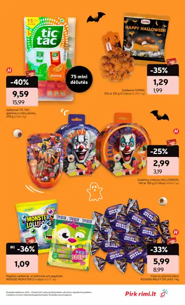 Rimi akcijų leidinys „Mamutų dienos“, galioja nuo spalio 13 d. iki spalio 19 d., 19 puslapis: Saldainiai, tic tac, irisas roshen milky splash, saldainių rinkinys