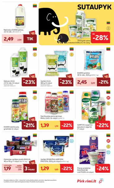 Rimi akcijų leidinys „Mamutų dienos“, galioja nuo spalio 13 d. iki spalio 19 d., 23 puslapis: Pieno produktai: Dvaro pienas, Dobilas pieno produktai, Vilvi kefyras, Varškė, Magija sūreliai