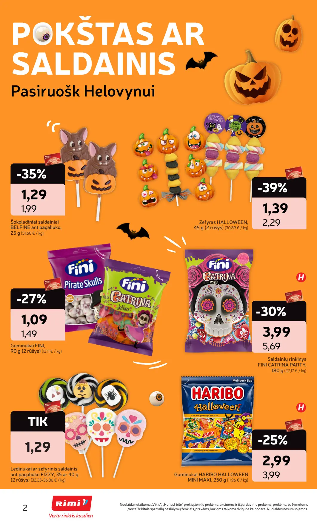 Rimi akcijų leidinys, galioja nuo spalio 6 d. iki spalio 19 d., 2 puslapis: Belfine šokoladiniai saldainiai, zefyrai, Fini guminukai, Haribo Halloween