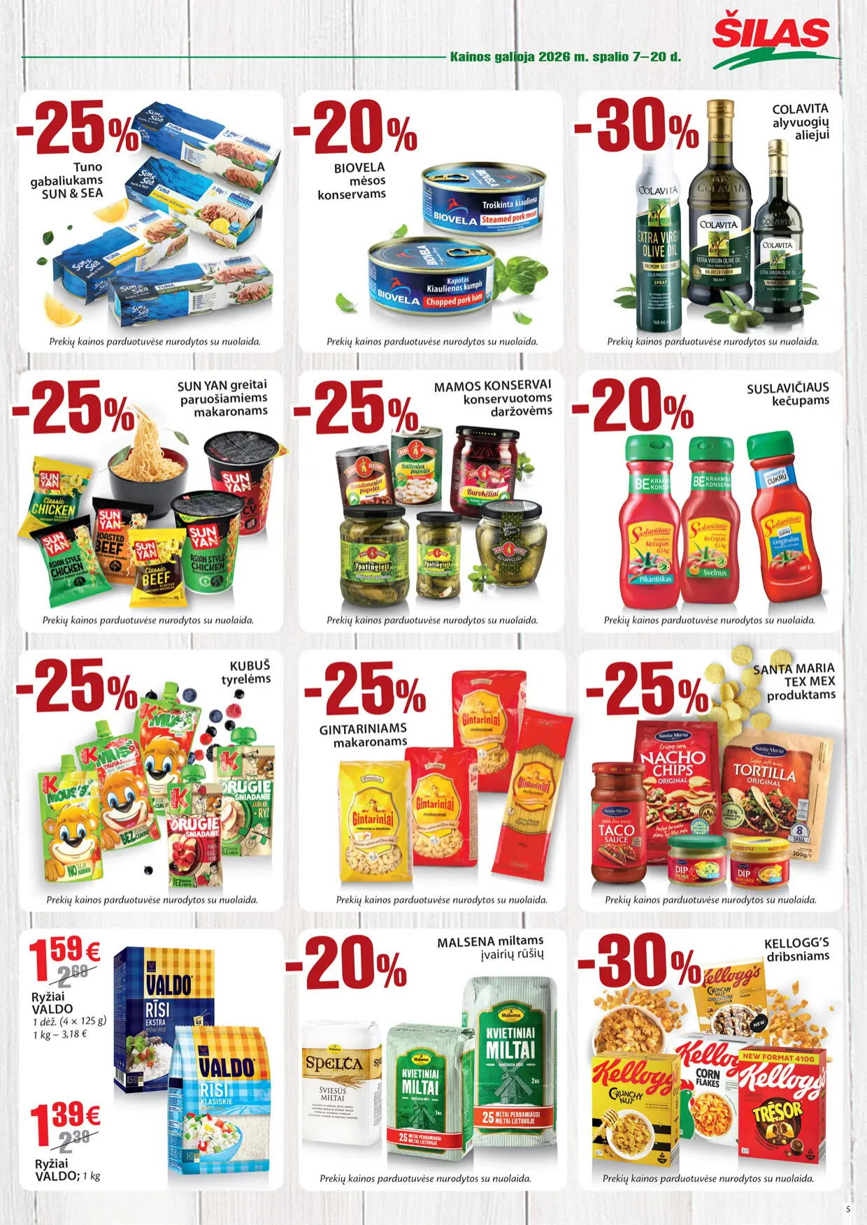 Šilas akcijų leidinys, galioja nuo spalio 7 d. iki spalio 20 d., 5 puslapis: Tunas, konservai Biovela, alyvuogių aliejus, makaronai, ryžiai Valdo, Kellogg's dribsniai